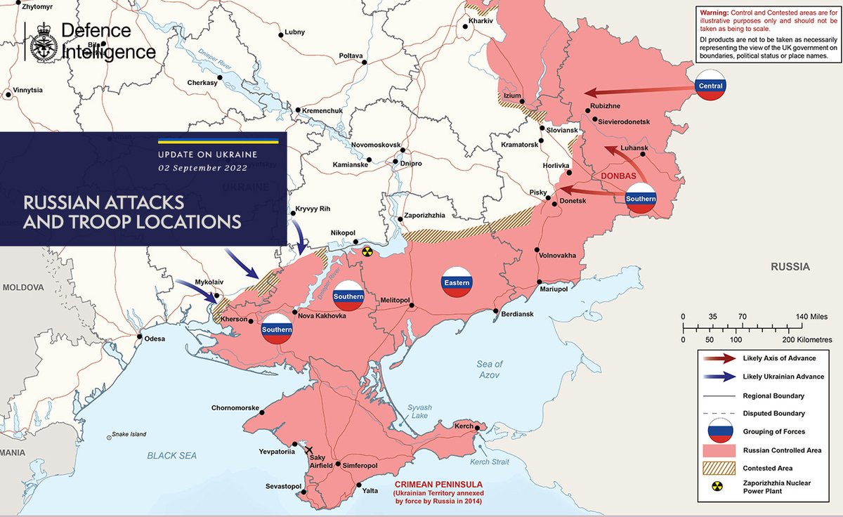 The illegal and unprovoked invasion of Ukraine is continuing. The map below is the latest Defence Intelligence update on the situation in Ukraine - 02 September 2022. Find out more about the UK government's response: ow.ly/Ica750KyEJu 🇺🇦 #StandWithUkraine 🇺🇦