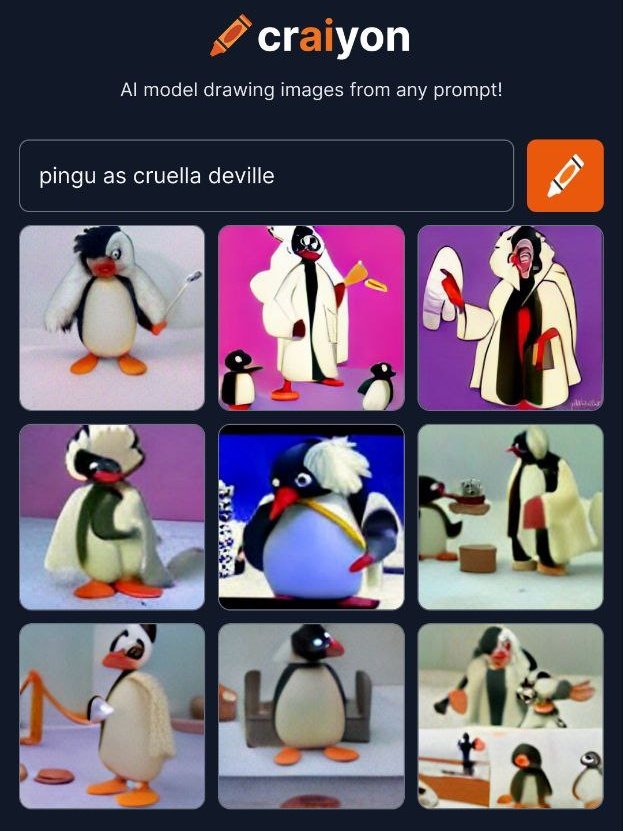 Cruella DeNoot

<a href="/craiyonAI/">🖍Craiyon</a> #pingu #nootnoot #cruella #evil #onehundredandone #dalmatians #dogs