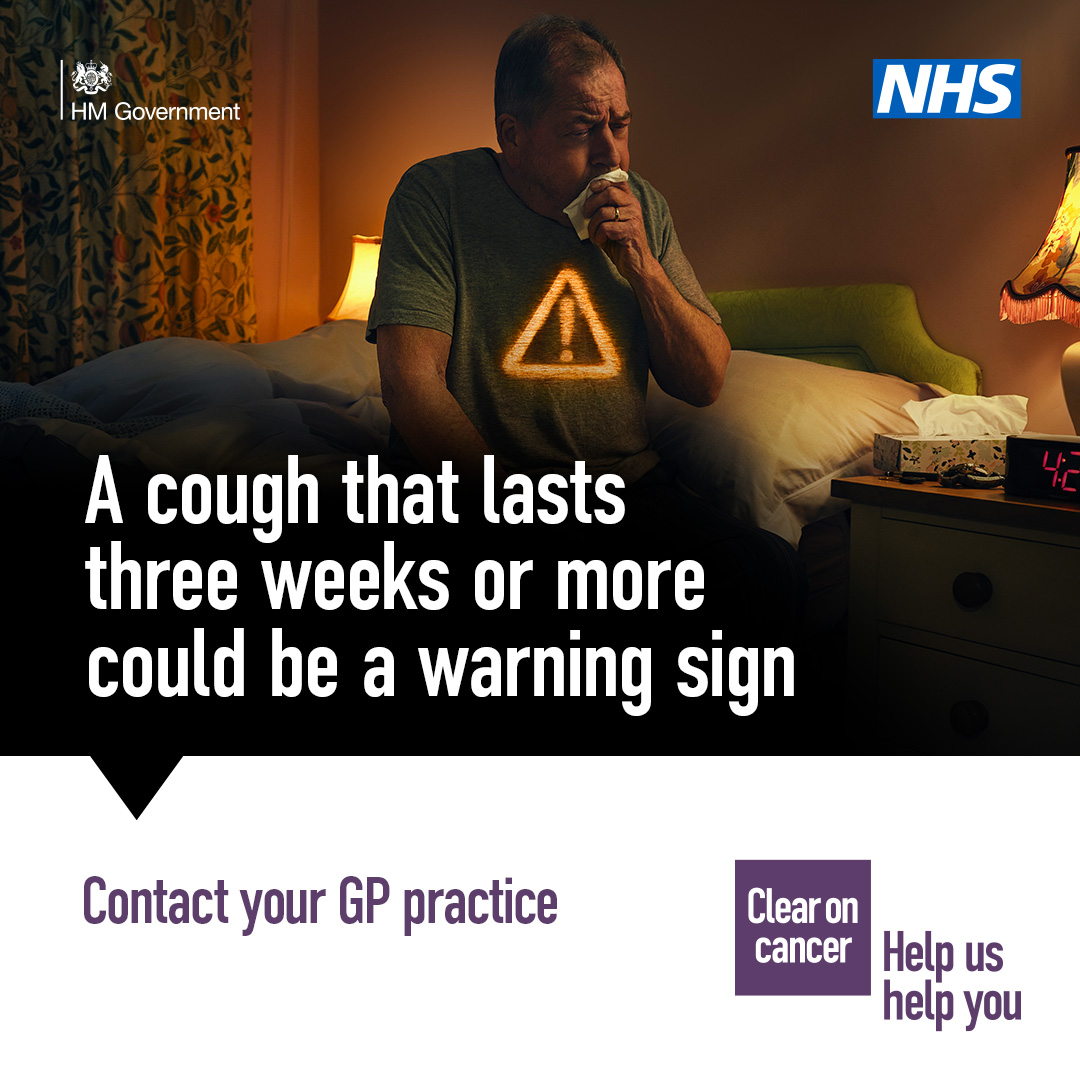 If you’ve had a cough for three weeks or more, contact your GP practice. It’s probably nothing serious, but it could be a sign of cancer. If it is cancer, finding it early makes it more treatable and can save lives. Visit ➡️bit.ly/3P2CnUb l @NHSuk #HelpUsHelpYou