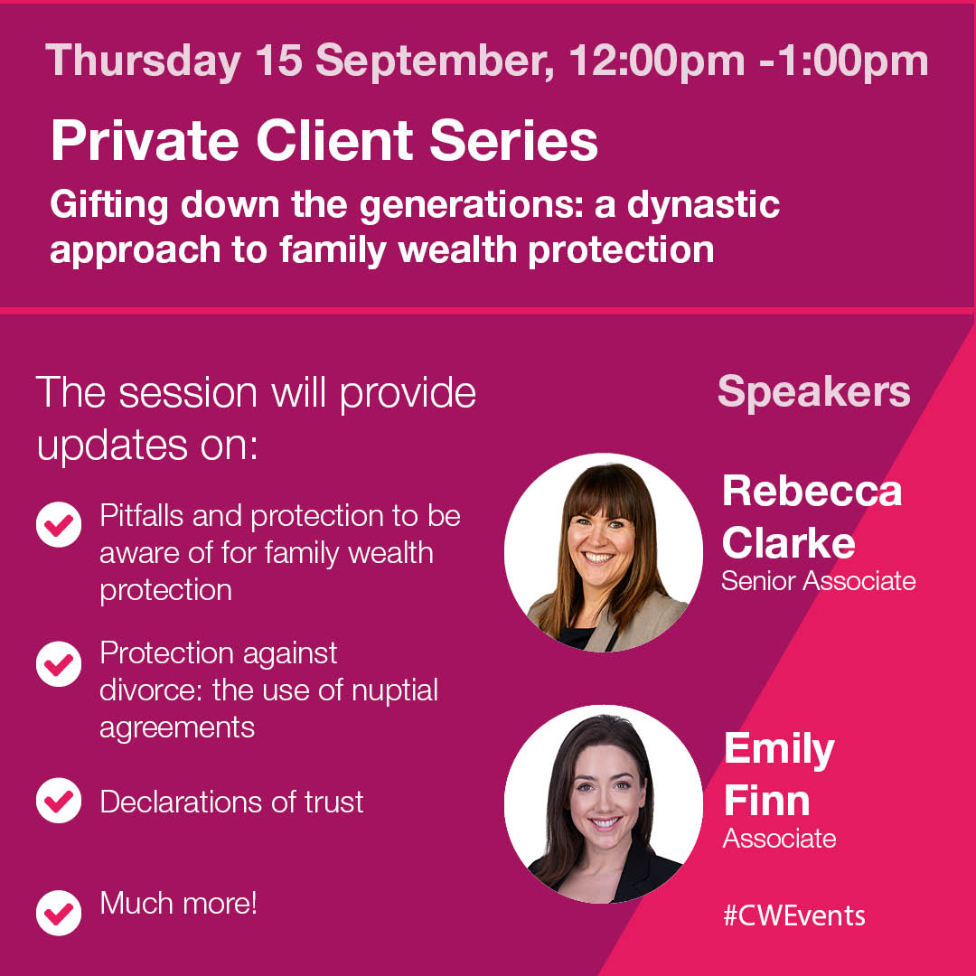CW Private client team (@cwprivateclient) on Twitter photo We’re delighted to announce the next session in our series of webinars. We’ll be joined by an expert panel including Rebecca Clarke from our team and Emily Finn from our <a href="/CWFamilyLaw/">CW Family Law</a> team. Find out more bit.ly/3PqUenY We’re delighted to announce the next session in our series of webinars. We’ll be joined by an expert panel including Rebecca Clarke from our team and Emily Finn from our <a href="/CWFamilyLaw/">CW Family Law</a> team. Find out more bit.ly/3PqUenY