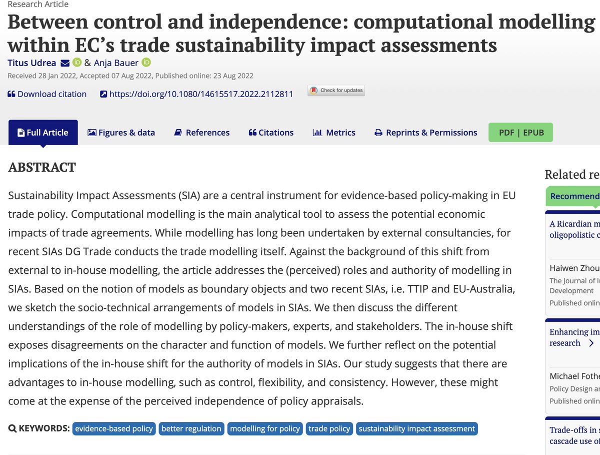 🎉Happy to see our new paper on #policymodelling in #EU trade #SIAs published in Impact Assessment and Project Appraisal! Thank you to my co-author Anja Bauer, and our #CoMoPA #ÖAW <a href="/Technikfolgen/">Institut für Technikfolgen-Abschätzung der ÖAW</a> Team! 
doi.org/10.1080/146155…