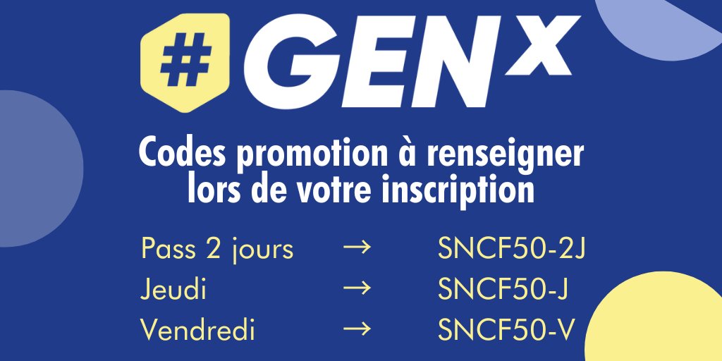 Bien préparer sa venue à #GEN2022 2/3 
Conseil n° 2 : faites des économies ! 💰 
J-6 avant la 10ème édition de #GEN 
<a href="/SNCF/">❌</a>, partenaire de #GEN2022, propose à son réseau des entrées avec une réduction de 50%
👉🏼accès billetterie urlz.fr/j5Hr
<a href="/GroupeSNCF/">Groupe SNCF</a> I @SNCF_Digital