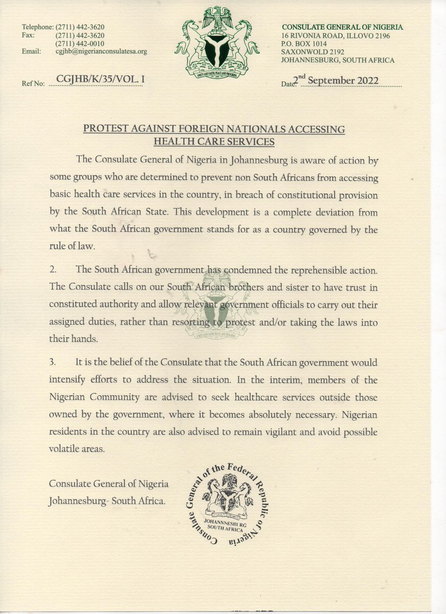 NOTICE: PROTEST AGAINST FOREIGN NATIONALS ACCESSING HEALTH CARE SERVICES. THE SOUTH AFRICAN GOVERNMENT HAS CONDEMNED THE REPREHENSIBLE ACTION.