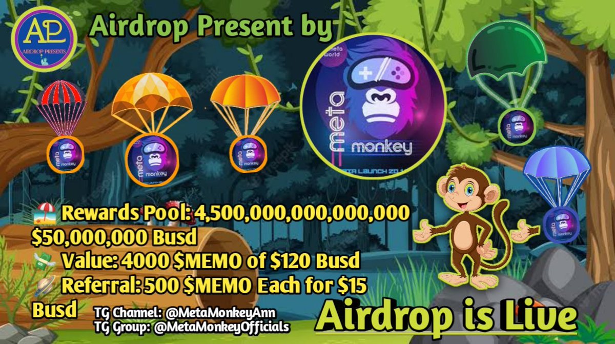 🔰 Airdrop Presents By: MetaMonkey

💸 Value: 4000 $MEMO $120 Busd
🪐 Referral: 500 $MEMO $15 Busd
🎀 Listing Date: Pancakeswap 12 December 2022
⏳ Distribution: Instantly
📆 End Date: 12 December 2022
💎 Ratings: ⭐️⭐️⭐️⭐️⭐️

🔗 Airdrop Link &amp; Information 
t.me/airdrop_Presen…