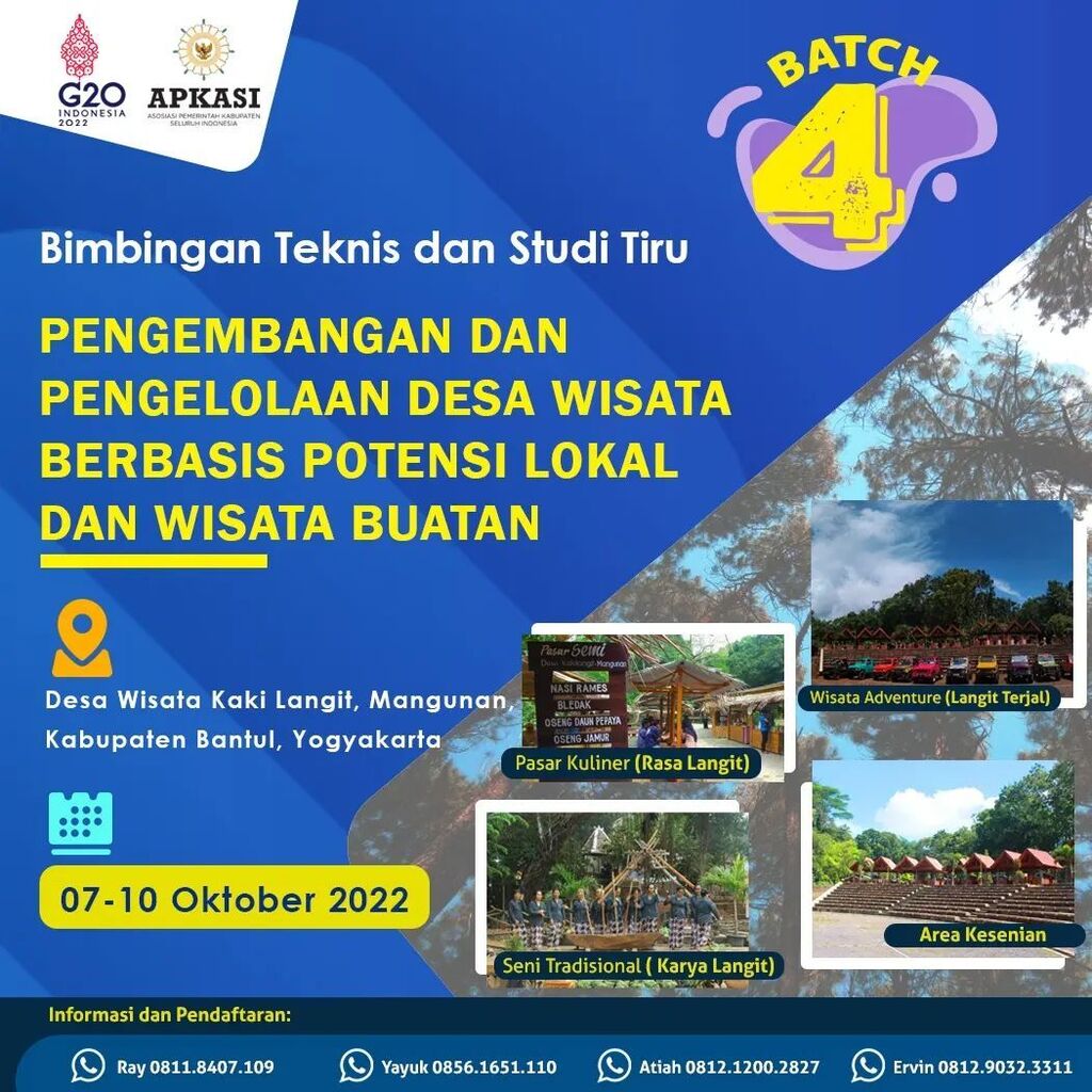 APKASI's tweet photo. Ayoo... ke Kab. Bantul 💛🏕️🧡

Setelah sukses di tiga angkatan sebelumnya, Apkasi kembali menggelar Bimbingan Teknis dan Studi Tiru Desa Wisata untuk Batch IV. Kali ini akan dipusatkan di Desa Wisata Kaki Langit, Mangunan, Kabupaten Bantul, Yogyakarta 

Seperti diketahui di an… https://t.co/dSPqjWtHN8