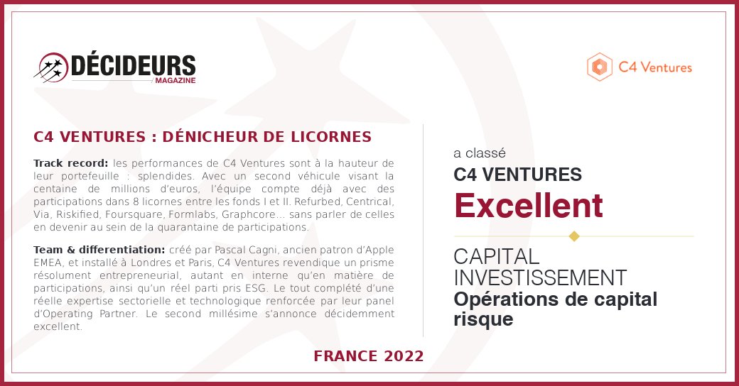 For the first time, <a href="/c4ventures/">C4 Ventures</a> appears in the top 10 of "Excellent VCs" according to <a href="/MagDecideurs/">Décideurs Magazine</a> 🤩