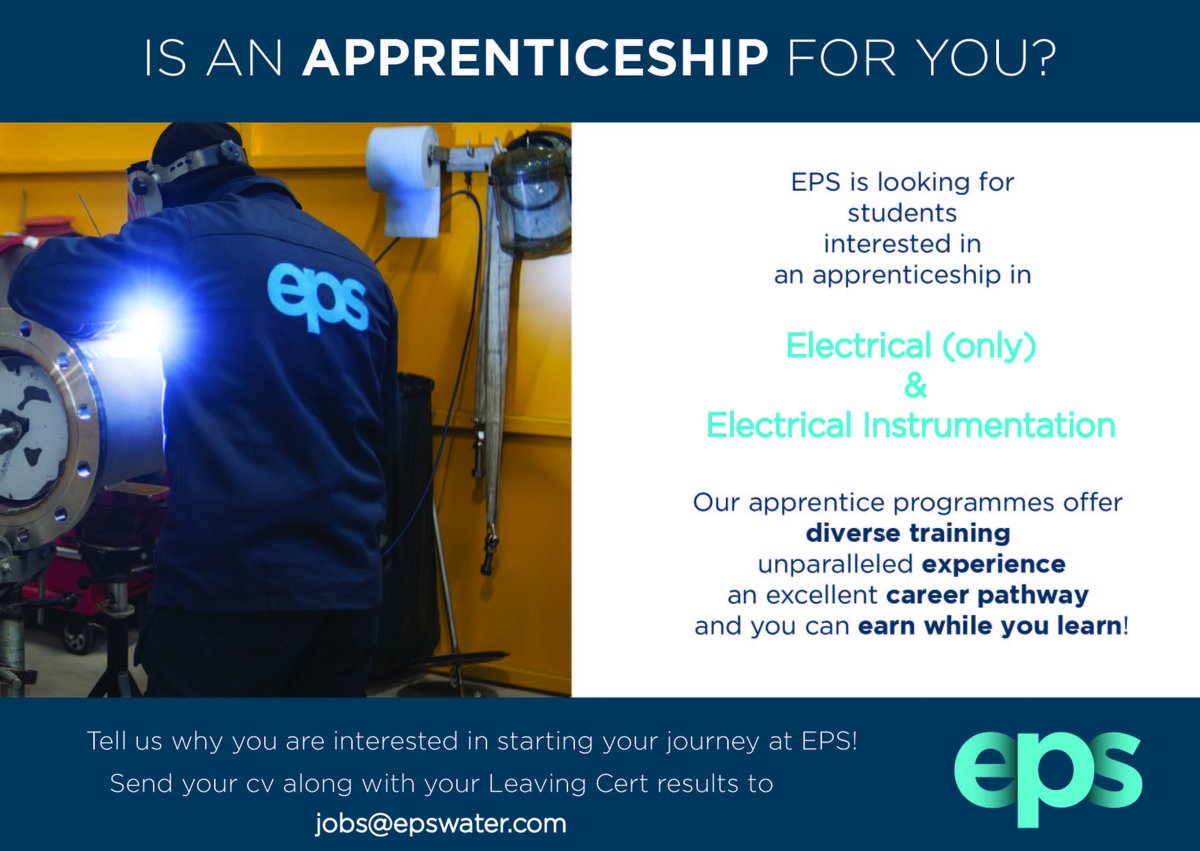 EPSWater's tweet photo. 👏 to all students getting their #LeavingCertResults - it's a huge milestone and achievement. Don't forget there are other ways to get an education like #apprenticeships! We are now looking for 1st, 2nd, 3rd &amp; 4th year apprentices who may want to earn as they learn! https://t.co/sAlvEKx8g7