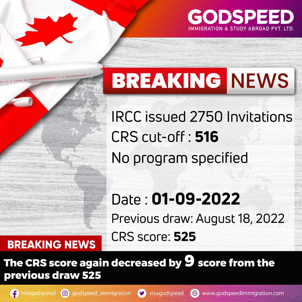 visagodspeed's tweet image. Happy News for Canada PR aspirants:- Latest Canada Express Entry draw invites 2,750 candidates with CRS to score of 516. The CRS Score again decreased by 9 score from the previous draw of 525.
#Expressentrydraw #Canadaexpressentry #canadaexpressentryprogram #godspeedimmigration