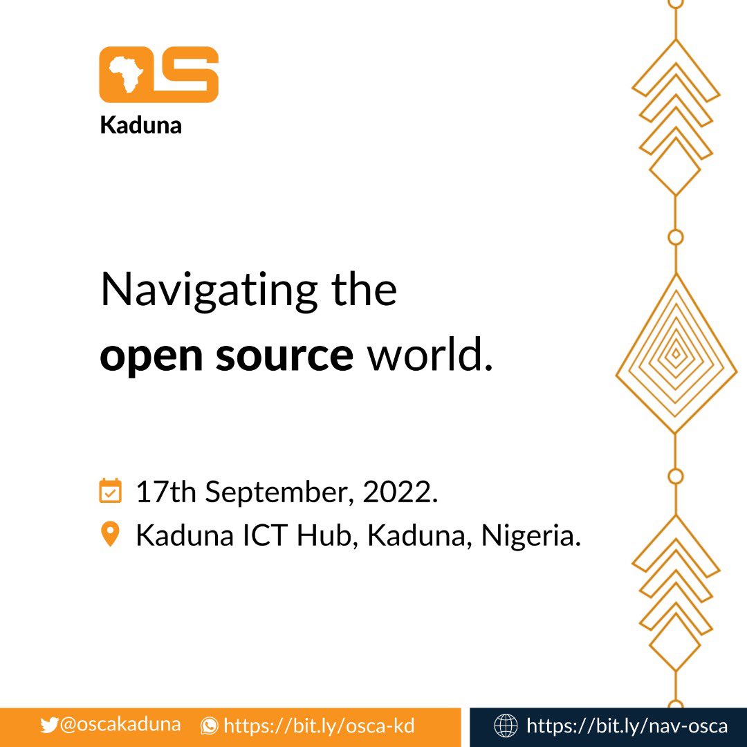 oscakaduna's tweet photo. Who is ready for our first physical event?😅🚀
📆: 17th September, 2022.
⏲️: 9:00am WCAT.
📍: Kaduna, Nigeria.
Tag an open source lover you know. You don’t want to miss it!!
Registration is open, RSVP now👉🏻 https://t.co/rVOhXz9pK6
#oscafrica
#OpenSource @oscafrica #kaduna https://t.co/rY65zSzcTt