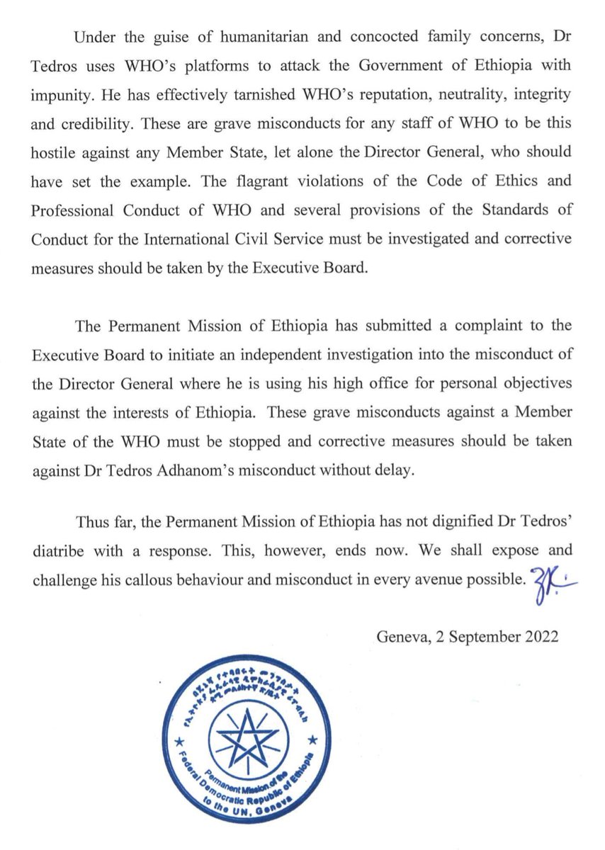 ETMissionGVA's tweet photo. Press Release by @Ethiopia_Geneva on the misconduct of the @WHO Director General @DrTedros. 
@mfaethiopia https://t.co/N6eVSjNpu0