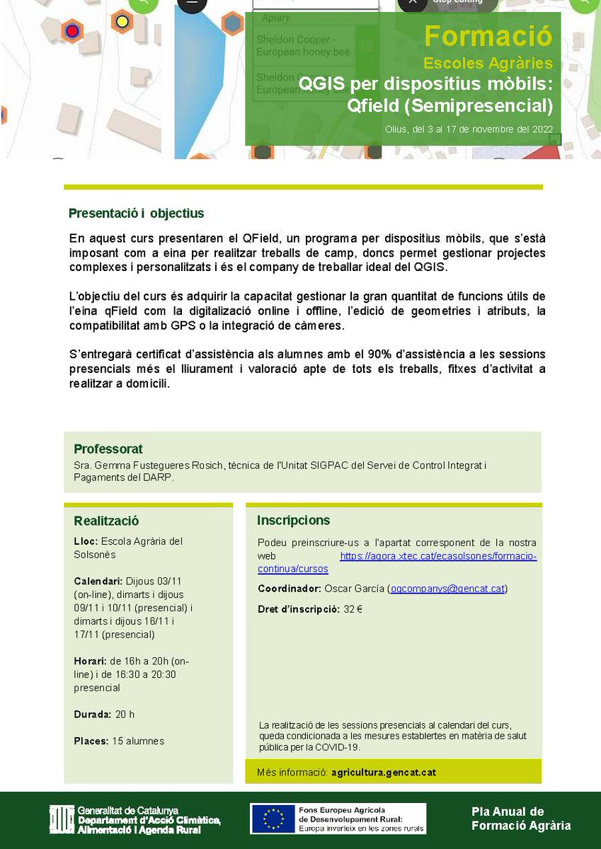 easolsones's tweet photo. Curs semipresencial de #QGIS per dispositius mòbils: #Qfield. 20 hores del 3 al 17 de novembre. Preinscripcions a https://t.co/vYpLNIuqsU https://t.co/vxFfYMjk9X