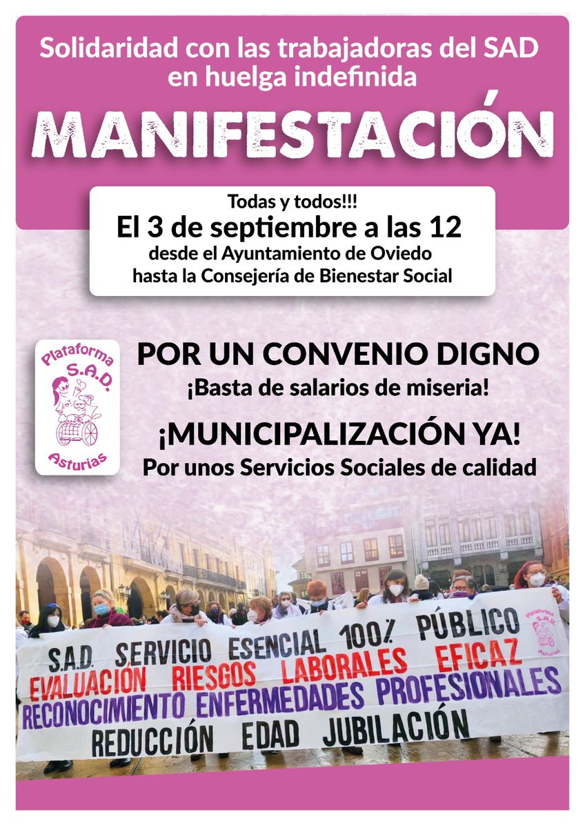 EL SAD ES MÁS QUE UN COLECTIVO DE TRABAJAD@S.El SAD ESTÁ EN LOS HOGARES, HACE QUE NUESTROS MAYORES Y DEPENDIENTES NO ABANDONEN SU ENTORNO LO QUE LES DA CALIDAD DE VIDA. EL SAD ES DE TODOS.
NECESITAMOS VUESTRO APOYO. ‼️ÚNETE A ESTÁ MANIFESTACION‼️GRACIAS