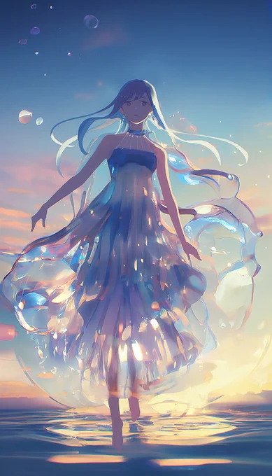 水のドレスの素材がほしいな～という思考からスタートmidjourneyで元素材生成(1枚目)人物加筆、色調整(2枚目)DALLEのOutpainting機能で横方向に拡張(3枚目)さらに加筆調整して完成(4枚目) 