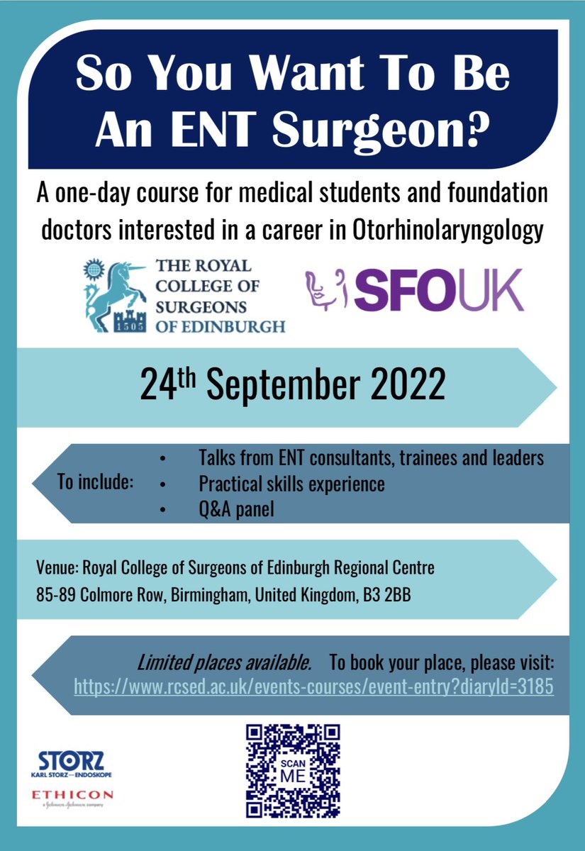 SFO_ENTUK's tweet photo. So you want to be an ENT surgeon? Well we have the perfect event for you! One of our SFO UK reps has collaborated with @RCSEd to organise this fantastic course for aspiring ENT surgeons 😷 Check out the info below and sign up here (spaces limited!): https://t.co/FtKFVFXXeL… https://t.co/9KLTvO3i30
