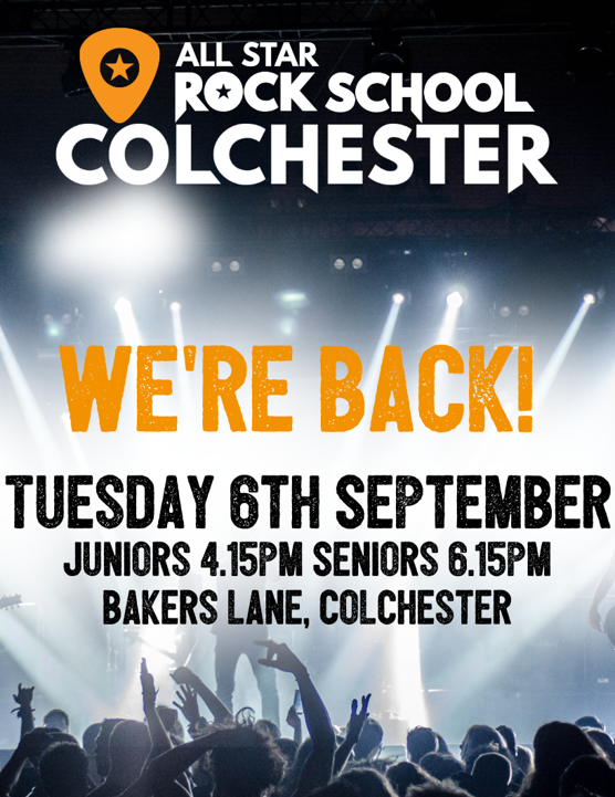 allstarrocksch's tweet photo. All Star Rock School is back! Starting on Tuesday 6th September at Bakers Lane, Colchester for students of all ages to learn and perform instruments from professional musicians. We look forward to seeing old and new faces. #colchester https://t.co/XSJ6qlx6ba