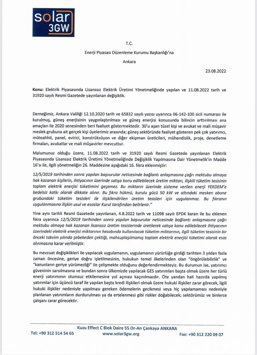 solar3gw's tweet photo. Son LÜY Yön. Değişikliği'ndeki tüketim fazlası üretimin satışına getirilen kısıtlamanın geriye dönük işletilmemesi talebiyle EPDK'ya 23.08.2022 tarihinde verdiğimiz dilekçeyi, sektörümüzün bilgisine sunarız. #güneşbizeyeter #ges #epdk #solar https://t.co/HeGXa5ZqFA