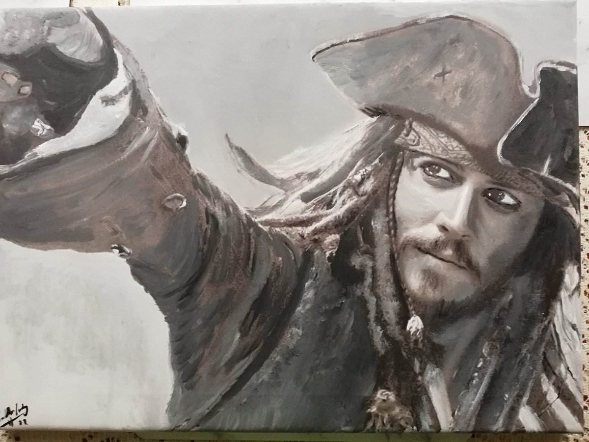 JonathanLinsley's tweet photo. Another portrait, oil on canvas, Captain Jack, Johnny Depp, happy memories of my time in Hollywood and the Caribbean 😊 https://t.co/bUIzcKeMYP