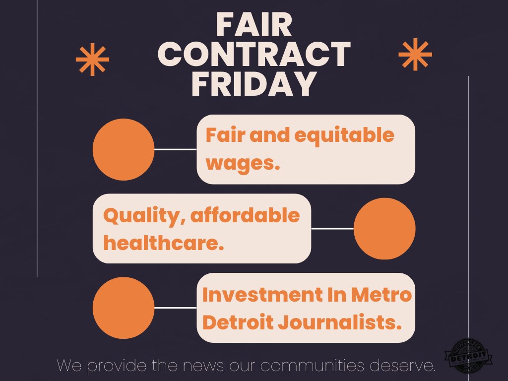 local34022's tweet image. All we want is a #faircontract @freep, @detroitnews, @Hometownlife. We are meeting next Friday and hope @Gannett will have step up and invest in Metro Detroit journalists. 

#FairContractFriday #InvestinJournalists #GuildStrong #NewsOurCommunitiesDeserve