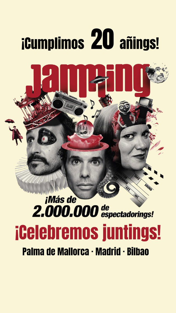 Cumplimos 20 añings haciendo lo que más nos gusta: cocrear con vosotrings.
¿Es o no es para celebrarlo juntings?

Palma de Mallorca · Madrid · Bilbao
<a href="/RivoliComedy/">Rívoli Comedy</a> <a href="/aficineib/">Aficine</a> <a href="/TMaravillas/">Teatro Maravillas</a> <a href="/teatrocampos/">Teatro Campos Bilbao</a> 
👉🏽 ow.ly/QfBo50KxEap

#20AniversarioJamming #Felices20