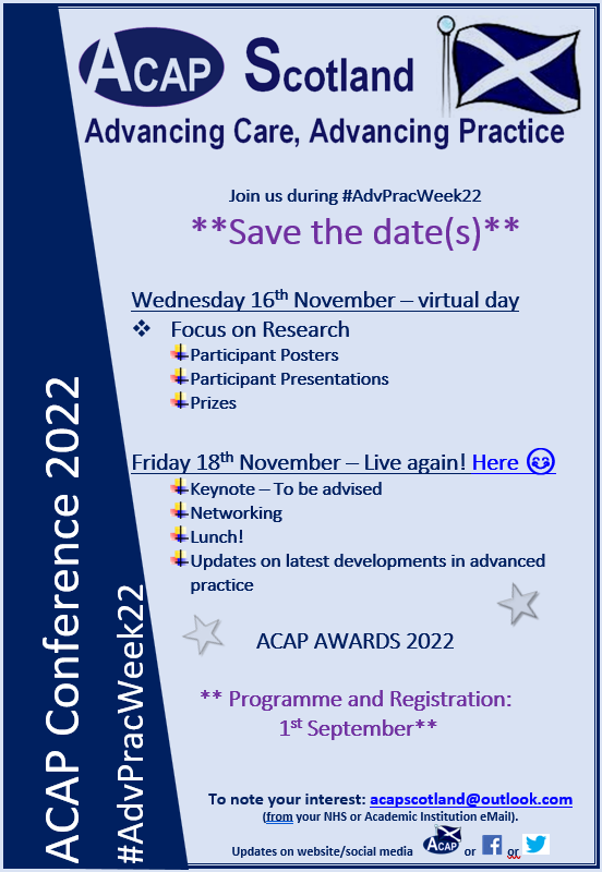 ACAP Scotland (Reg Charity SCO42116) (@acapscotland) on Twitter photo <a href="/NHSG_ACA/">NHSG_AdvancedCareAcademy</a> <a href="/AcademyNos/">NoS Advanced Practice Academy</a> #SaveTheDates #AdvPracWeek22 conference Nov 16 & 18 😁
1 virtual day & 1 face2face #NewNormal #SharedLearining Join us!
Registration & draft programme out soon.
Website: acapscotland.org
Notes of interest: acapscotland@outlook.com
Venue Here 😊 <a href="/NHSG_ACA/">NHSG_AdvancedCareAcademy</a> <a href="/AcademyNos/">NoS Advanced Practice Academy</a> #SaveTheDates #AdvPracWeek22 conference Nov 16 & 18 😁
1 virtual day & 1 face2face #NewNormal #SharedLearining Join us!
Registration & draft programme out soon.
Website: acapscotland.org
Notes of interest: acapscotland@outlook.com
Venue Here 😊