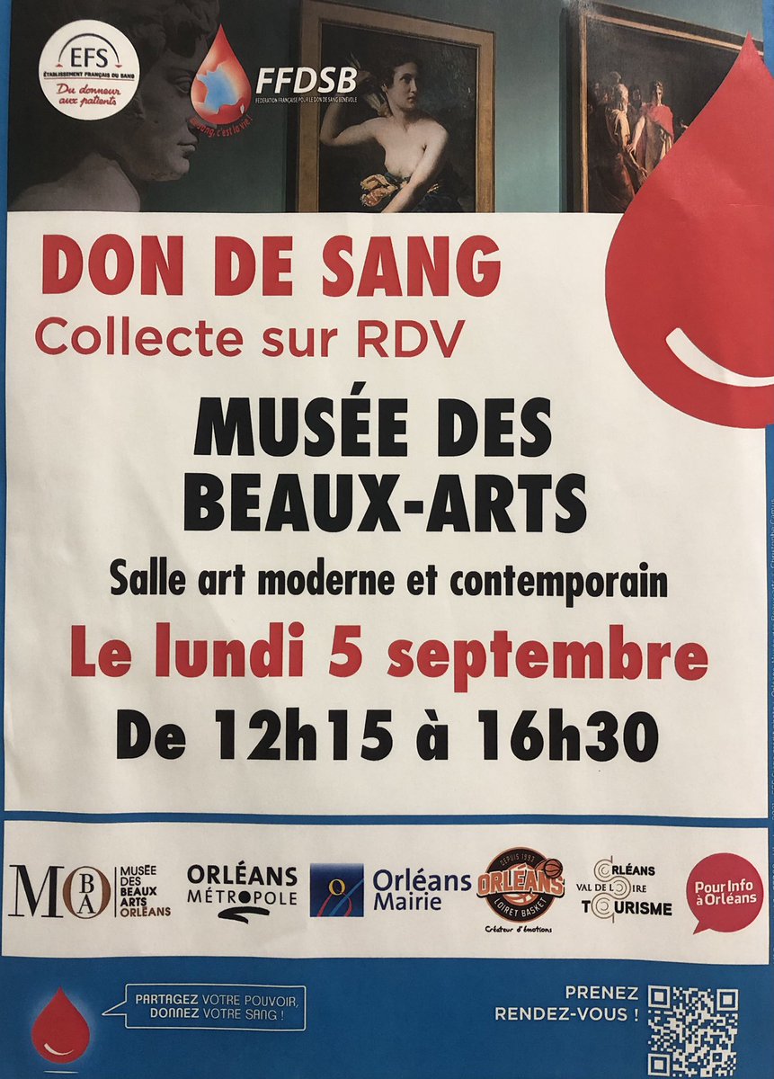 En cette #rentrée, reprenons nos bonnes résolutions ! 
Retrouvez-nous ce lundi 05 septembre entre 12h15 et 16h30 au <a href="/MbaOrleans/">Musée des Beaux-Arts Orléans</a> pour une bonne action et donner son #sang dans un cadre unique. <a href="/EFS_dondesang/">Établissement français du sang</a> 
Pour vous inscrire c'est par ici : 
mon-rdv-dondesang.efs.sante.fr/collecte/32286…