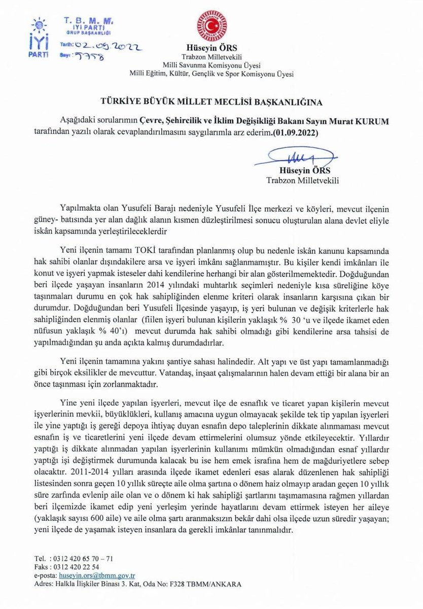 huseyinorsktu's tweet photo. İlçe merkezi yedinci kez taşınacak olan Artvin'in Yusufeli ilçesine yaptığımız ziyaret sonrası tespit ettiğimiz sorunlara ilişkin Çevre, Şehircilik ve İklim Değişikliği Bakanlığı ile Tarım ve Orman Bakanlığı'na önergelerimizi verdik.

Konunun takipçisi olacağız. https://t.co/V4OpzoGkiB