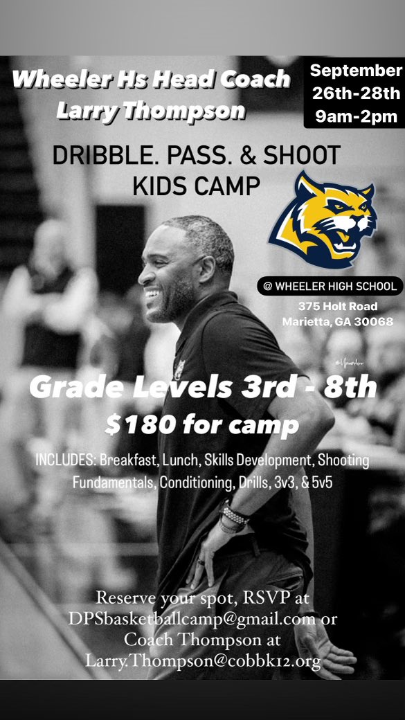 Fall break kids basketball camp at Wheeler HS…. Sign up today! <a href="/pegillihan/">Paul Gillihan</a> <a href="/WHSCatSports/">Wheeler Athletics</a> @Mr_McCray <a href="/_CoachShep_/">Coach Darnell “Shep” Shepherd 🧩</a>  <a href="/WheelerHoops/">Wheeler HS (GA)</a>