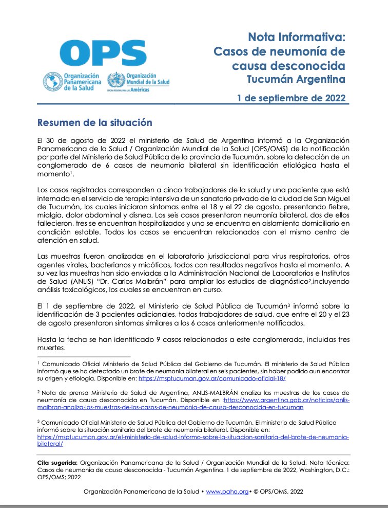 GraziellaAlm's tweet image. En investigación
Casos de #neumonía bilateral de causa desconocida en Tucumán Argentina.  @opsoms informa de 6 ,  5 sanitarios , dos de ellos han fallecidos, y una paciente ingresada. Todos los casos relacionados con el mismo centro de salud.
paho.org/es/documentos/…