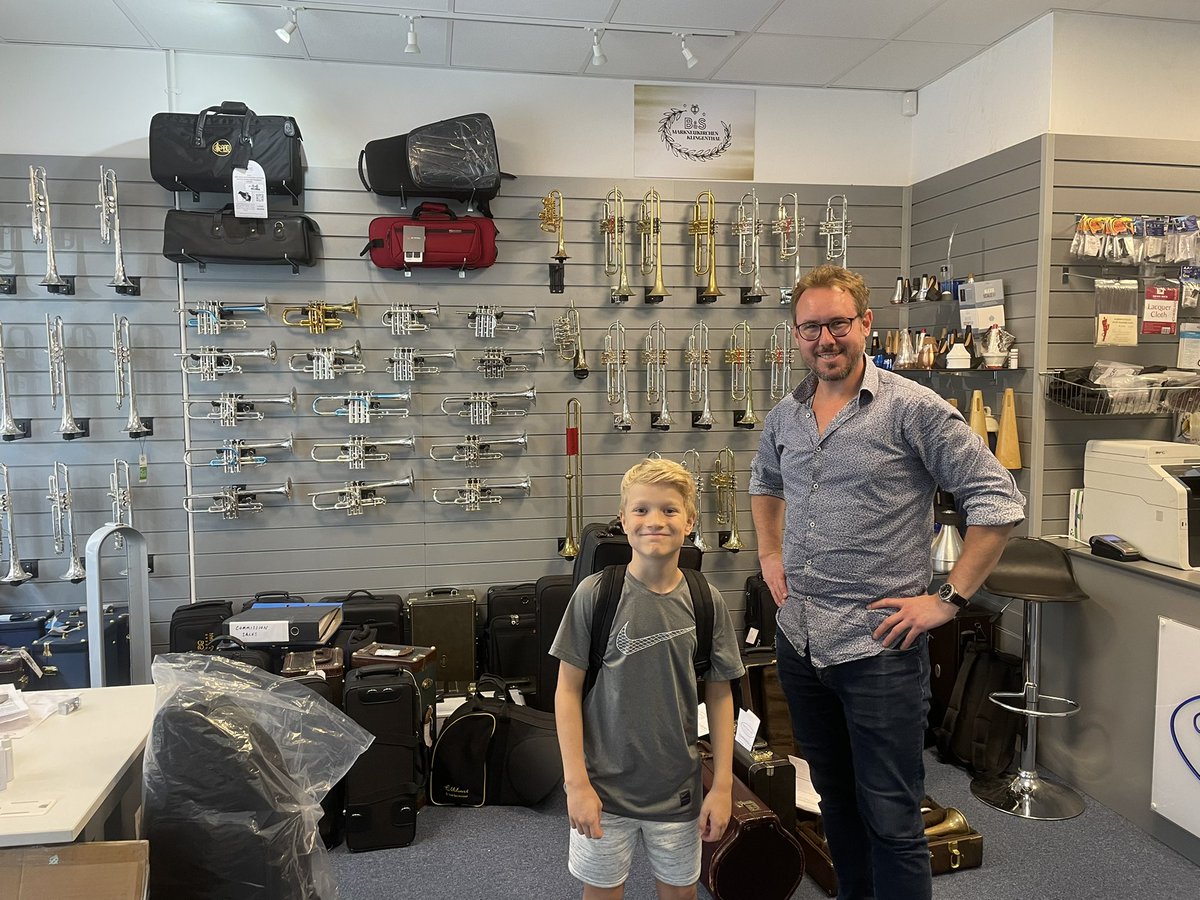 Very exciting morning taking my boy to <a href="/PhilParkerLtd/">Phil Parker Ltd</a> to buy a new trumpet. Great, friendly service from Tristan and Ed. Aren’t real music shops just wonderful places? 🎺😀