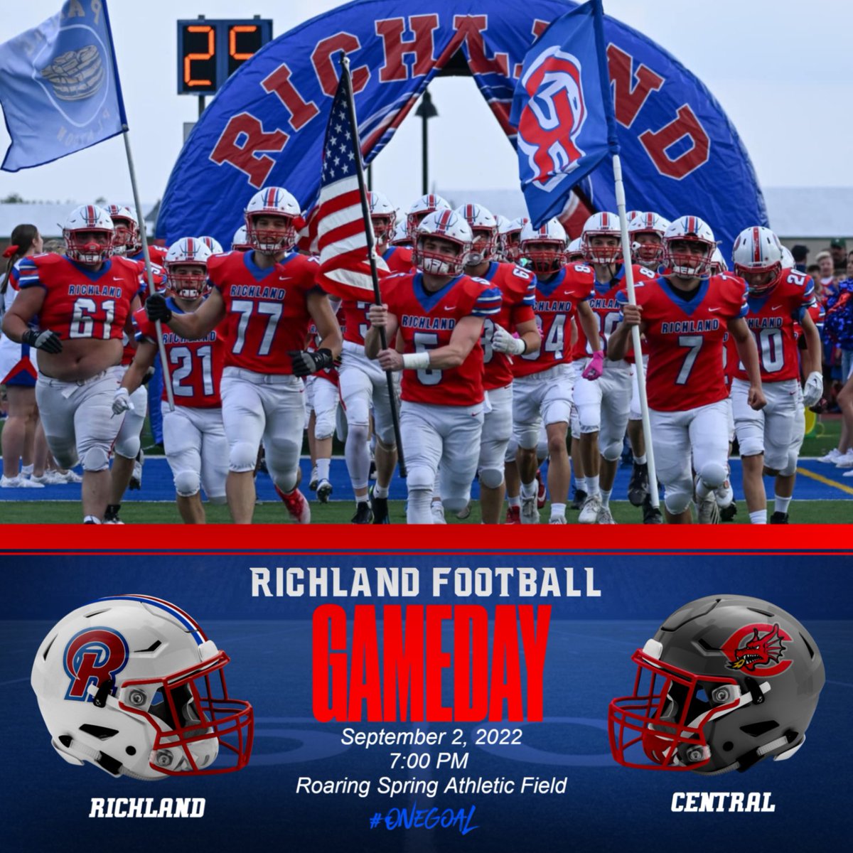 #GAMEDAY
Richland at Central

📍 Roaring Spring Athletic Field
🎟️ Tickets | At the gate
📺 Video Stream | nfhsnetwork.com/events/central… 
📻 Audio Stream  |  richlandfootball.com