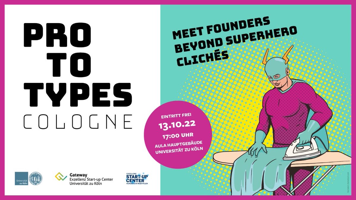 UniCologne's tweet photo. 🚀Gründen ist nur etwas für „Überflieger“? Nicht alle Gründer*innen sind Supermänner!
Mit den #protoTYPEScologne präsentieren wir gemeinsam mit @GatewayUniKoeln am 13. Oktober Gründungsgeschichten #diverse|r Gründer*innen auf der Bühne.
🎫➡️https://t.co/4nrmkwzG37 https://t.co/YpZJbrQg53