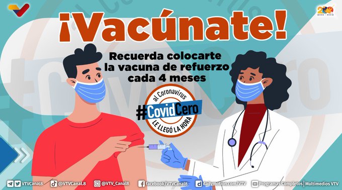 #PREVENCIÓN😷| Acude al centro de inmunización más cercano a tu domicilio o en tu lugar de trabajo y ponte la vacuna 💉de refuerzo contra la #COVID19 ¡Recuerda que al Coronavirus; le llegó la hora! #PatriaUnidaDePaz