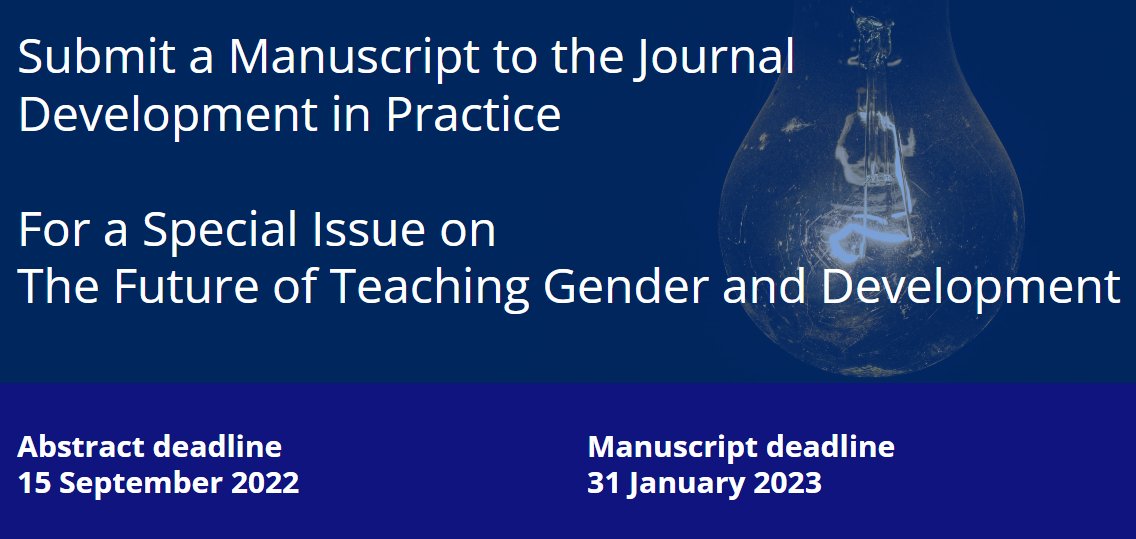 Development in Practice (@dipdsaa) on Twitter photo A reminder to submit your abstract for consideration in DiP's Special Issue on the Future of Teaching Gender and Development
<a href="/DSA_australia/">Development Studies Association Australia</a>, <a href="/DSAWomxnDev/">DSA Women & Development Study Group</a>, <a href="/Devex/">Devex</a>, <a href="/RDINetwork/">RDI Network</a>
think.taylorandfrancis.com/special_issues… A reminder to submit your abstract for consideration in DiP's Special Issue on the Future of Teaching Gender and Development
<a href="/DSA_australia/">Development Studies Association Australia</a>, <a href="/DSAWomxnDev/">DSA Women & Development Study Group</a>, <a href="/Devex/">Devex</a>, <a href="/RDINetwork/">RDI Network</a>
think.taylorandfrancis.com/special_issues…