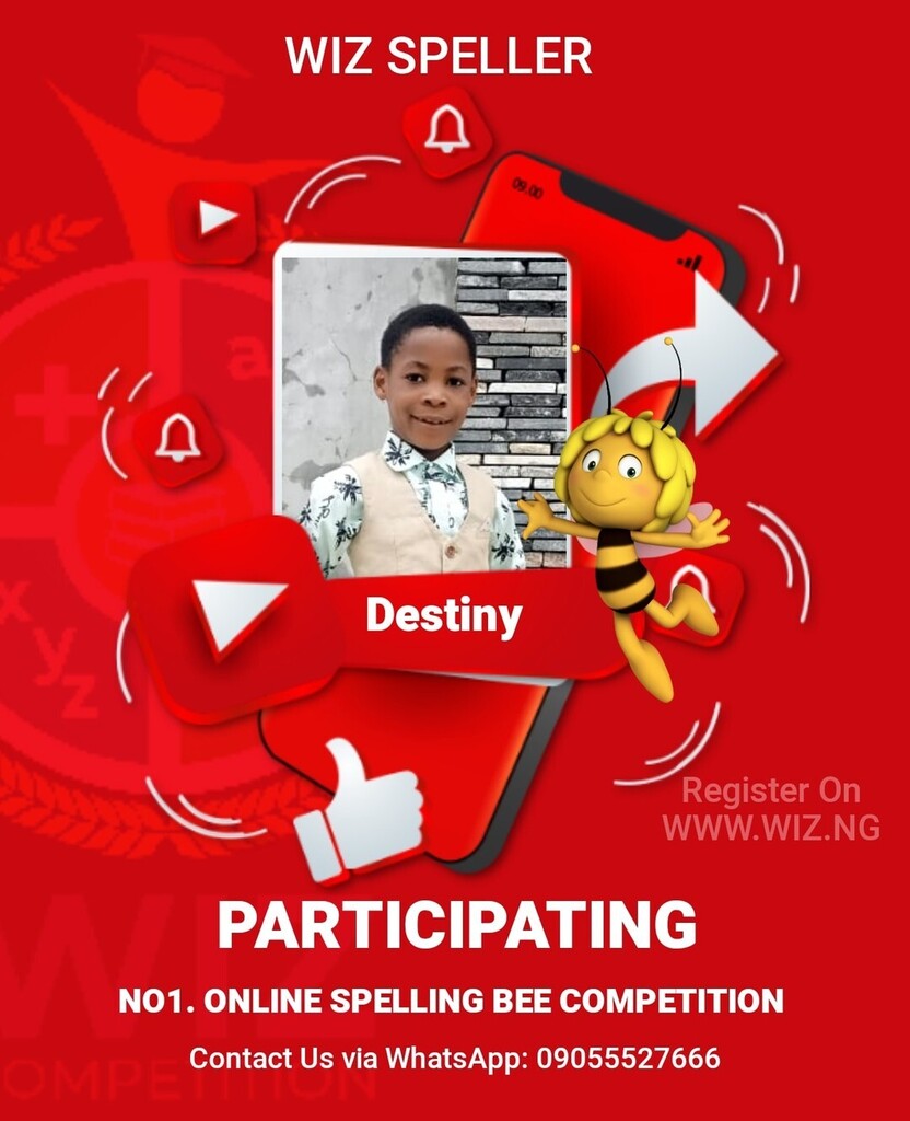 WIZ SPELLING BEE COMPETITION 🐝 2022

Opportunity to challenge your child

Bringing Out The GREATNESS in your children

Positive Engagement
Enroll them on something positive like Wiz, something that will keep them busy and motivate them to develop a k… instagr.am/p/CiAJsf8Nwd1/