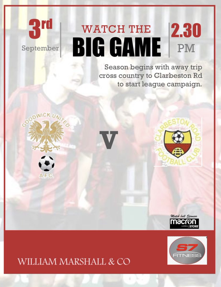 GoodwickUtd's tweet photo. Tomorrow the 1sts take on @ClarbyRoadAFC in their first match of the season ⚽️

📆 - Sat, 3/9
⏰ - 2:30pm kick off 
📍 -  @ClarbyRoadAFC 

#RAGURA 🔴⚫️ https://t.co/rghVR0mIQi