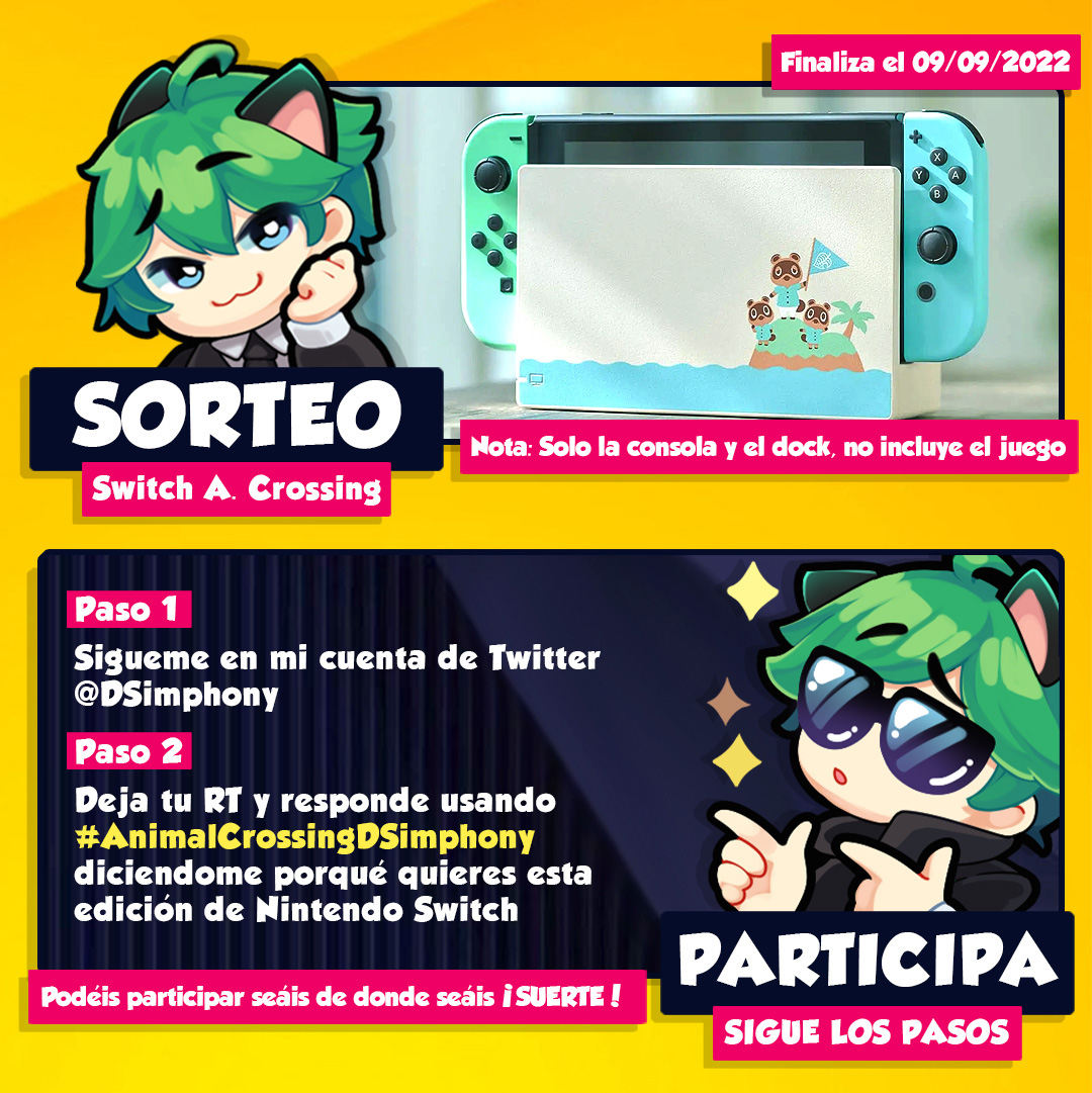 DSimphony's tweet image. 🎁¡#SORTEO DE LOCOS!🎁

😺Regalo una #NintendoSwitch pero no una cualquiera... 
🐶LA EDICIÓN LIMITADA DE #AnimalCrossingNewHorizons !!!!!!!!!! 

🎨TENÉIS LOS PASOS EN LA IMAGEN 

📅 Acaba el 09/09/2022 a las 23:59
