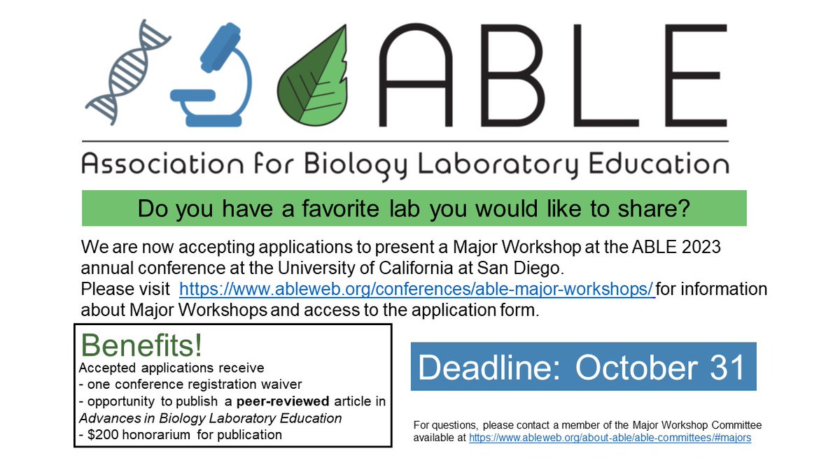 Share your favorite biology laboratory activity with colleagues at ABLE 2023, June 27-30. The Call for Proposals to present major workshops (3 hours) is October 31!  Learn more and submit at ableweb.org > Conferences. #professionaldevelopment #biolabs