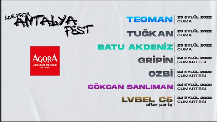antalyakonser's tweet photo. "Live From Antalya Fest" Bayhan Müzik Organizasyonuyla 23-24 Eylül'de Antalya Agora AVM Açık Hava Sahnesinde.
📍 Agora AVM Açık Hava / Antalya
📆 23-24 Eylül 2022
🎫 Biletler Passo
#teoman #tuğkan #batuakdeniz #gripin #ozbi #gökcansanlıman #lvbelc5 @TeomanCom @gripinonline https://t.co/c4rkYRZN1g