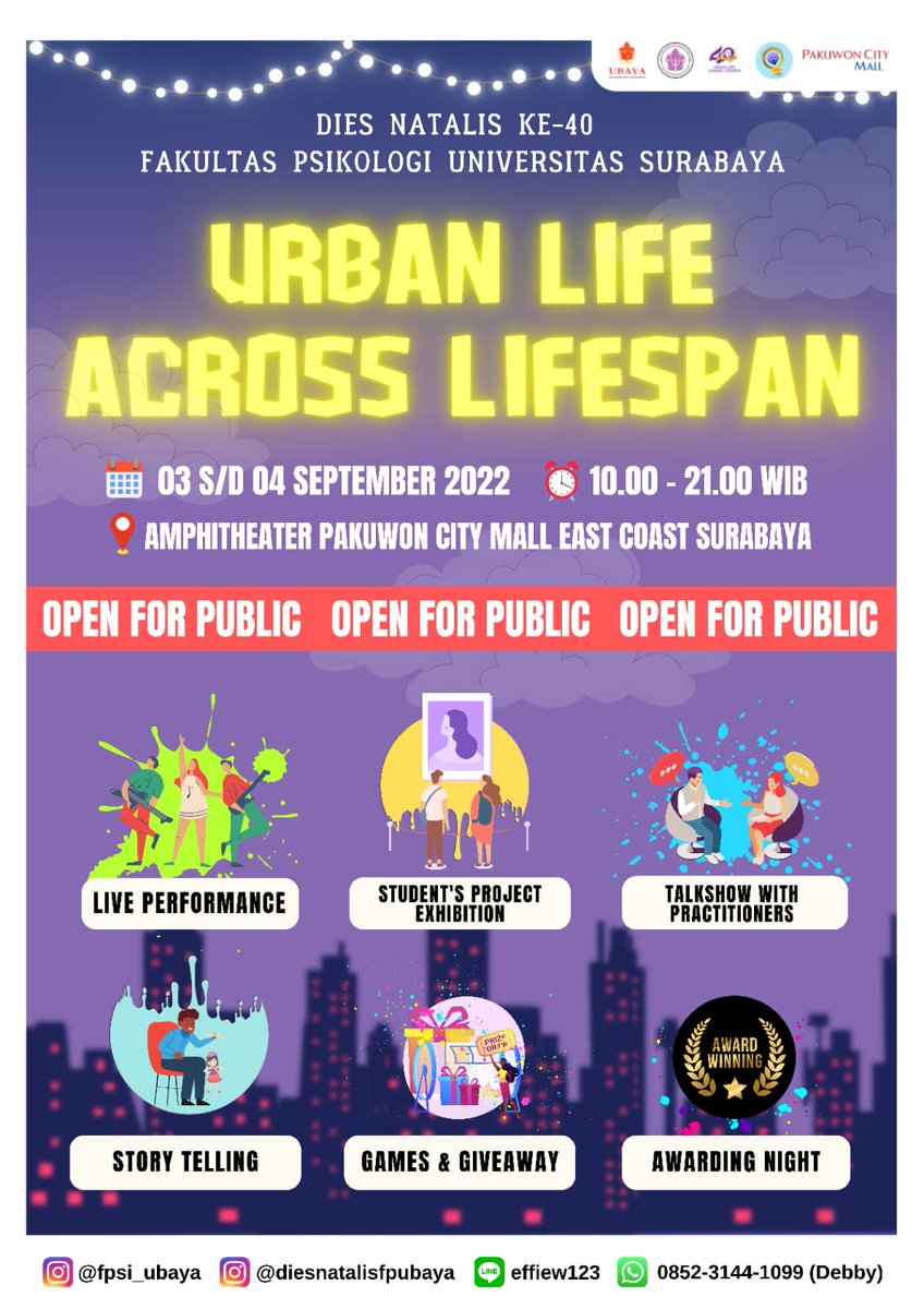 eventsurabaya's tweet photo. Saat ini Fakultas Psikologi Ubaya sedang merayakan Dies Natalis ke 40 tahun yang bertajuk "Urban Life Across Lfiespan" 

Amphiteater Pakuwon Mall East Coast Surabaya
10.00 - 21.00 WIB
3 September - 4 September 2022

WA: 085231441099 https://t.co/UKHLzg3lkw