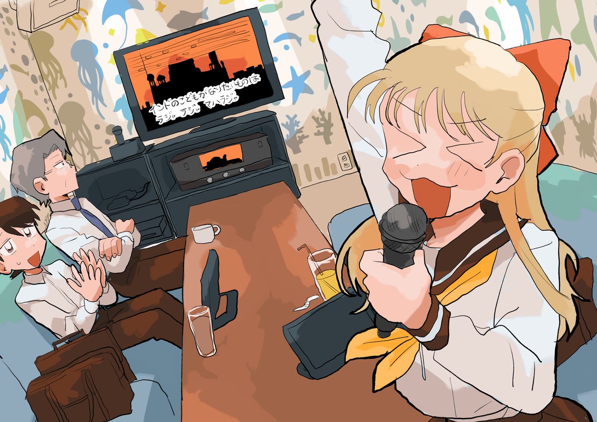 karaoke microphone blonde hair multiple boys 1girl school uniform 2boys  illustration images