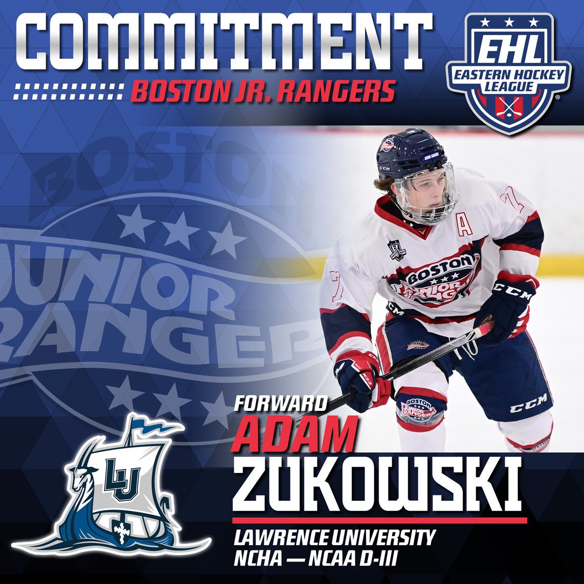 Congrats to our <a href="/EHL_Hockey/">Eastern Hockey League</a> 2 year vet and captain <a href="/wzukowski1/">Zukowski</a> on his NCAA commitment to Lawrence University!  Adam possesses a high IQ and vision.  We are excited to see him compete at the collegiate level. Congrats Zuke! #LetsGo
