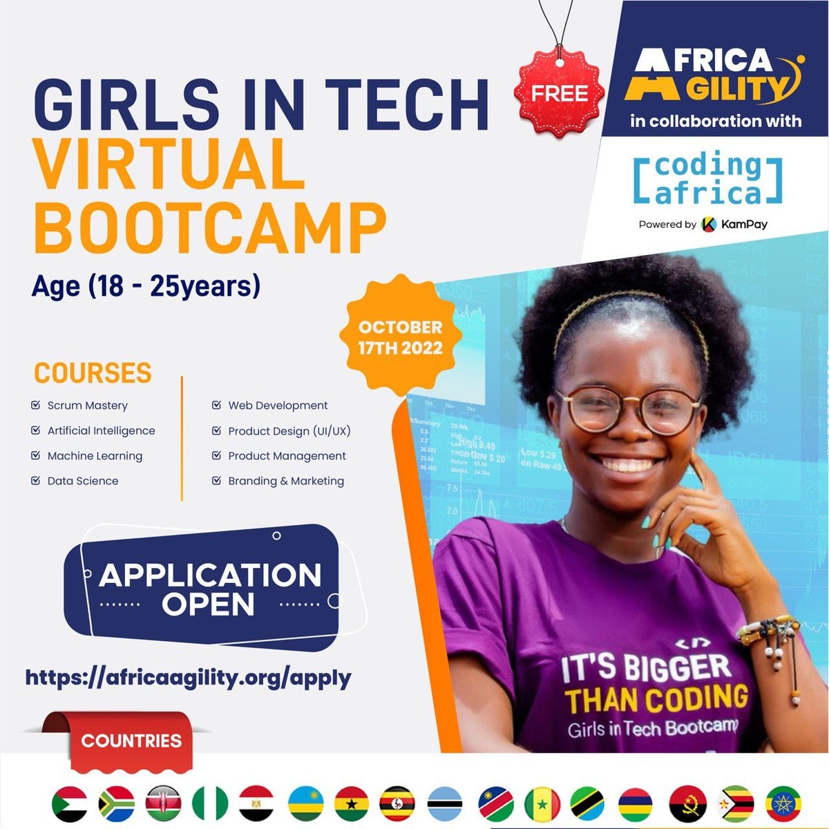gdclghana's tweet photo. Africa Agility opens application for Girls In Tech Virtual Bootcamp October 2022. Apply now at https://t.co/r2Jt8z476v
#AfricaAgility #GITBootcamp2022 #WomenInTech #ghanadigitalcentreslimited #AccraDigitalCentre #GDCL https://t.co/vljLjuyLcb