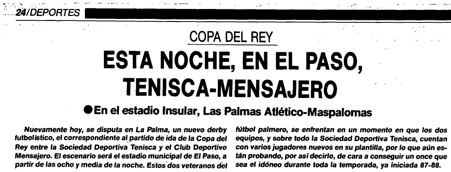 MensaHistoria's tweet photo. El 2 de septiembre de 1987 el @CDMensajero vencía (0-1) a la SD Tenisca, en choque de ida de la primera ronda de "Copa del Rey" disputado en el "Municipal de El Paso". El Mensa llegaba a este duelo tras haberse impuesto en la jornada inaugural del grupo canario a la UD Aridane https://t.co/UjUihX4fuY