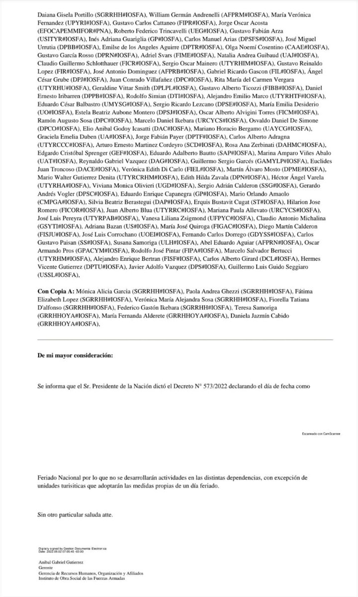 OficialPecifa's tweet photo. 📢PECIFA NACIONAL 

👉🏻Adjuntamos la nota del gerente de recursos humanos, organización y afiliación IOSFA, mediante la cual informa el cese de actividades en las distintas dependendencias durante el día de hoy.

🤝🏻La unión es el camino https://t.co/QXL9TZgwZ2