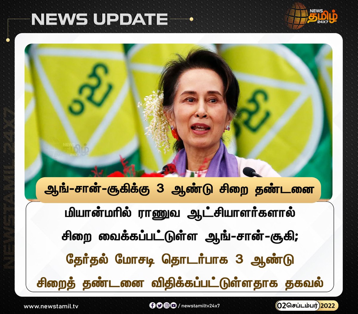NewsTamilTV24x7's tweet photo. ஆங்-சான்-சூகிக்கு 3 ஆண்டு சிறை தண்டனை

#NewsUpdate
#AungSanSuu #Myanmar #ElectionFraud #3YearsImprisonment 
#NewsTamil24x7 #நியூஸ்தமிழ்24x7 https://t.co/FK7aq5qogH