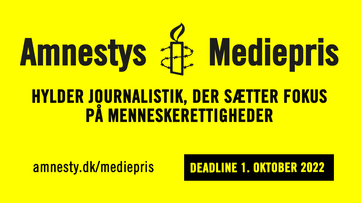 Amnesty International Danmark (@amnestydk) on Twitter photo Vi vil hylde journalistik, der sætter fokus på menneskerettighederne.
Derfor har vi oprettet #AmnestysMediepris. Deadline for at indsende materiale er d. 1.oktober. Vinderen kåres af et uafhængigt dommerpanel ved <a href="/DJFagfestival/">DJ Fagfestival</a>
#dkmedier
amnesty.dk/vores-arbejde/…
#dkmedier Vi vil hylde journalistik, der sætter fokus på menneskerettighederne.
Derfor har vi oprettet #AmnestysMediepris. Deadline for at indsende materiale er d. 1.oktober. Vinderen kåres af et uafhængigt dommerpanel ved <a href="/DJFagfestival/">DJ Fagfestival</a>
#dkmedier
amnesty.dk/vores-arbejde/…
#dkmedier