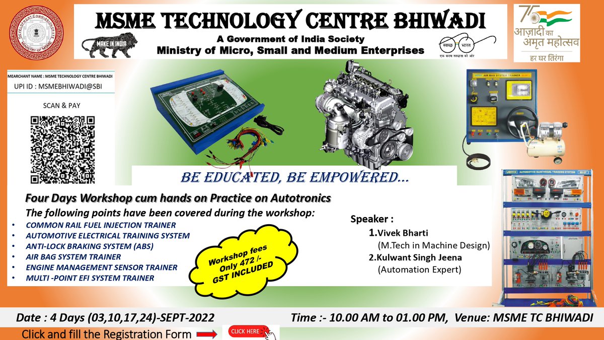 DegenHunterius's tweet photo. Four Days Workshop cum hands on Practice on Autotronics
Date : 4 Days (03,10,17,24)-SEPT-2022 
Time :- 10.00 AM to 01.00 PM, Venue: MSME TC BHIWADI

#automobileengineering 
#automobile 
#mechanicalengineering 
#diploma 
#msme #electronics #autotronics https://t.co/rP7HUaJ0xa