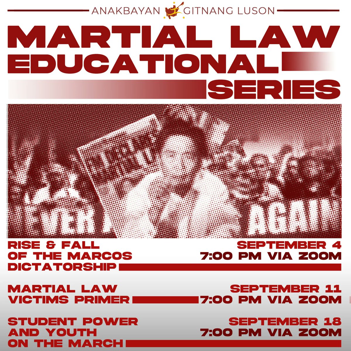 AnakbayanGL's tweet photo. NEVER AGAIN, NEVER FORGET! 

Ilang buwan pa lamang ngunit unti-unting sumusunod si Ferdinand Marcos Jr. sa yapak ng kanyang diktador na ama, mula sa kultura ng karahasan at pasismo hanggang kapabayaan sa mga isyung kinakaharap ng mamamayan. (1/3) https://t.co/mV4PXLpVH3