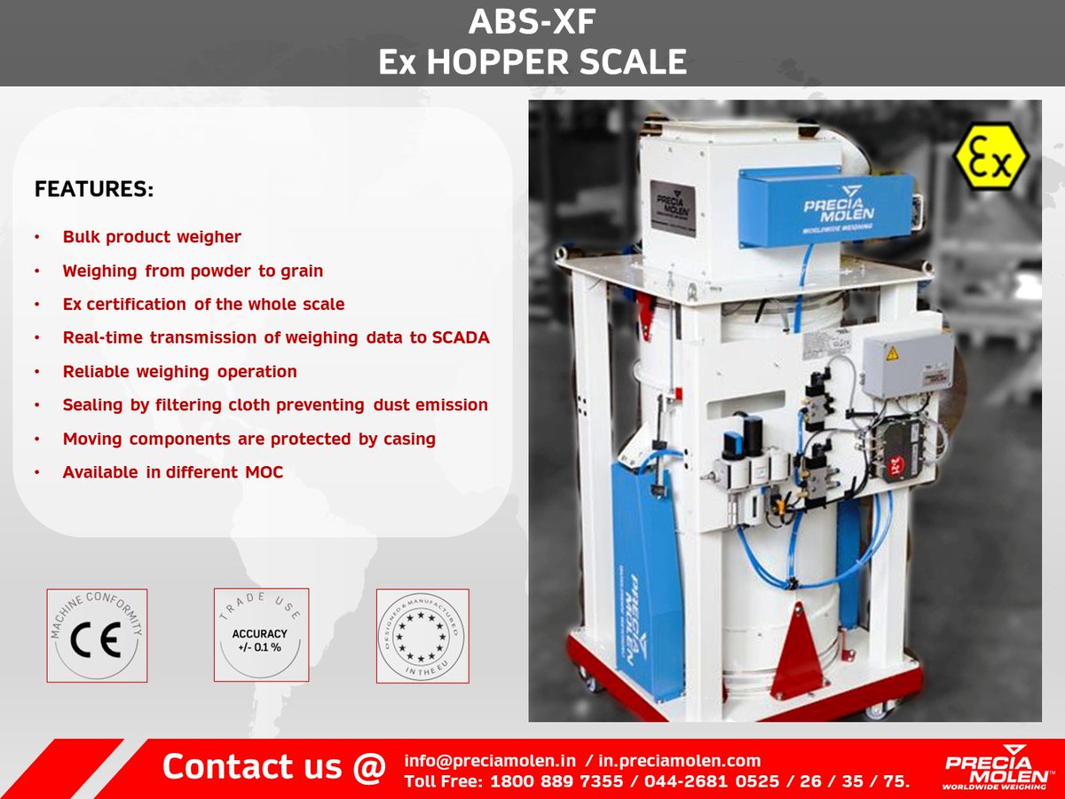 Preciamolenind's tweet photo. Precia Molen offers “Ex - HOPPER SCALE” for hazardous area applications…
Discontinuous Totalizer
Capacity ranges from 7.5 – 45 t/h
Available in different MOC,
- Stainless Steel
- Mild Steel
#preciamolenindia #bulkweighing #dynamicweighing #hopperscale https://t.co/I7O3zqm6tN
