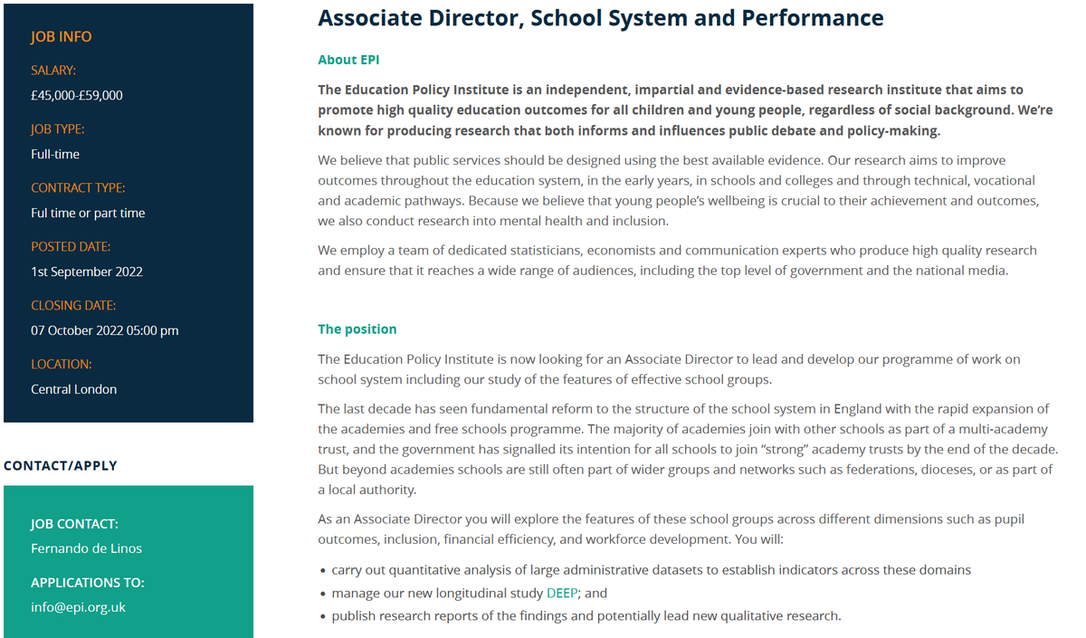 📢EPI IS HIRING

We are looking for an Associate Director to lead and develop our work on the school system, including our study of effective school groups.

Find out more details and how to apply here: epi.org.uk/jobs/associate…